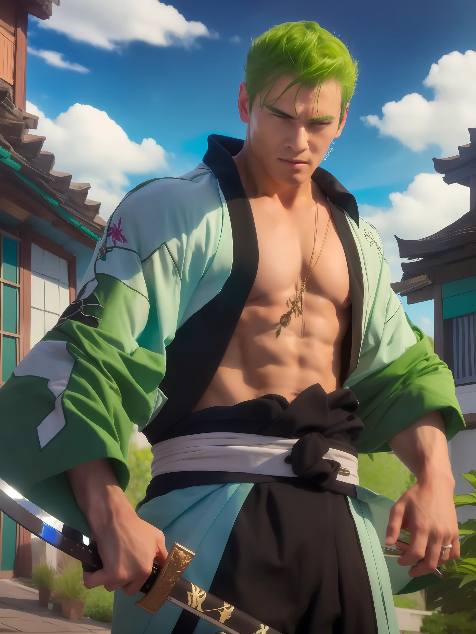 1 menino, roronoa Zoro, cabelo verde, quimono, Katana, realista, ultra detalhe, marcas de costura no corpo, dojo, Homem musculoso