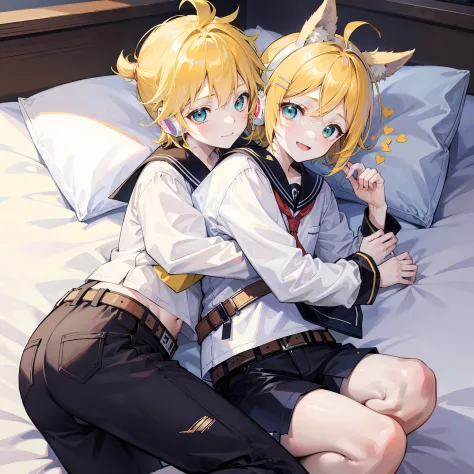 best quality, ultra precision, only two person, one boy and one girl, (a boy is Kagamine_Len), (a girl is Kagamine_Rin), green e...