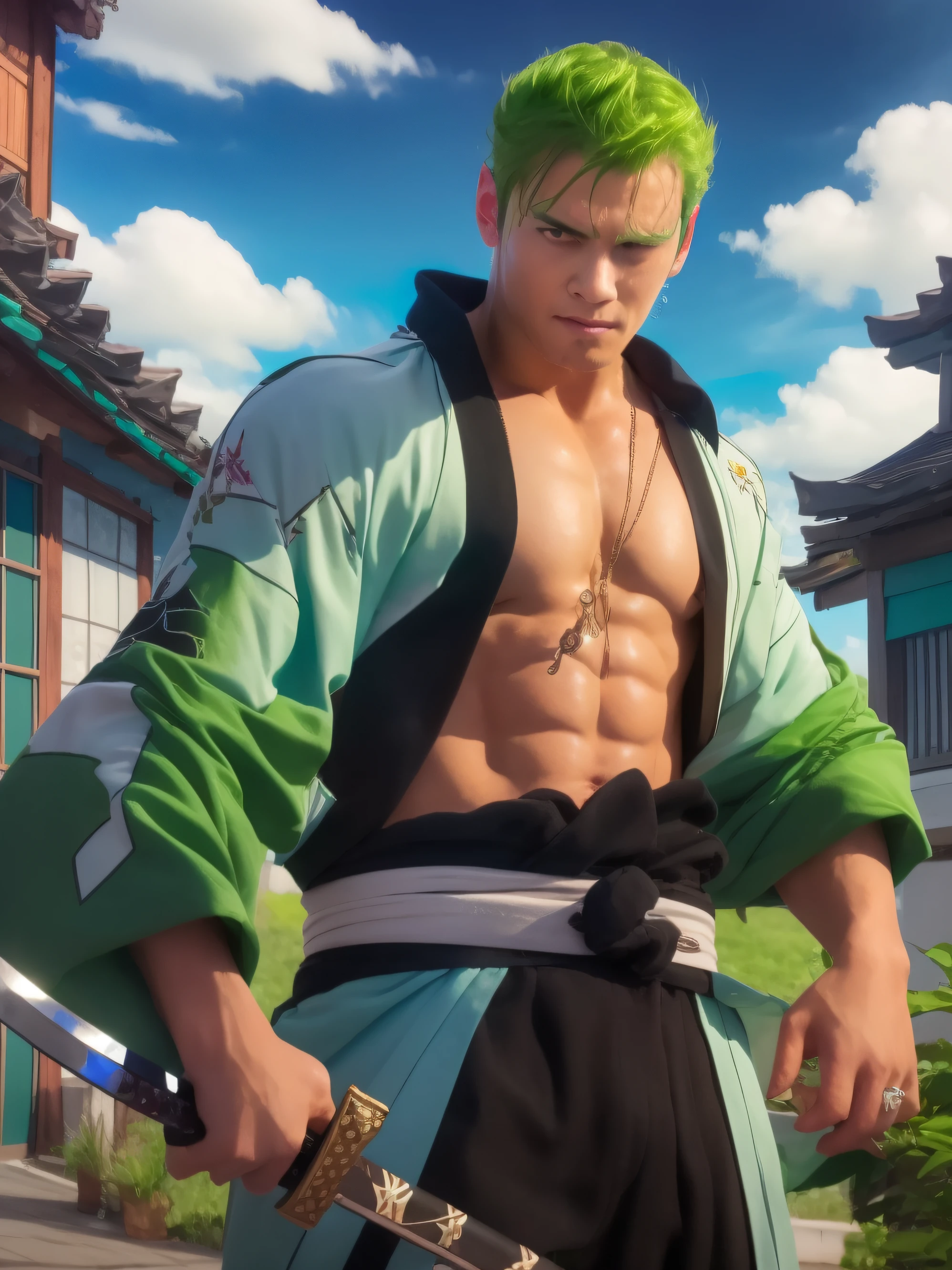 1boy, roronoa Zoro, Green hair, kimono, katana, realistic, ultra detail, seam marks on the body, dojo, muscular man