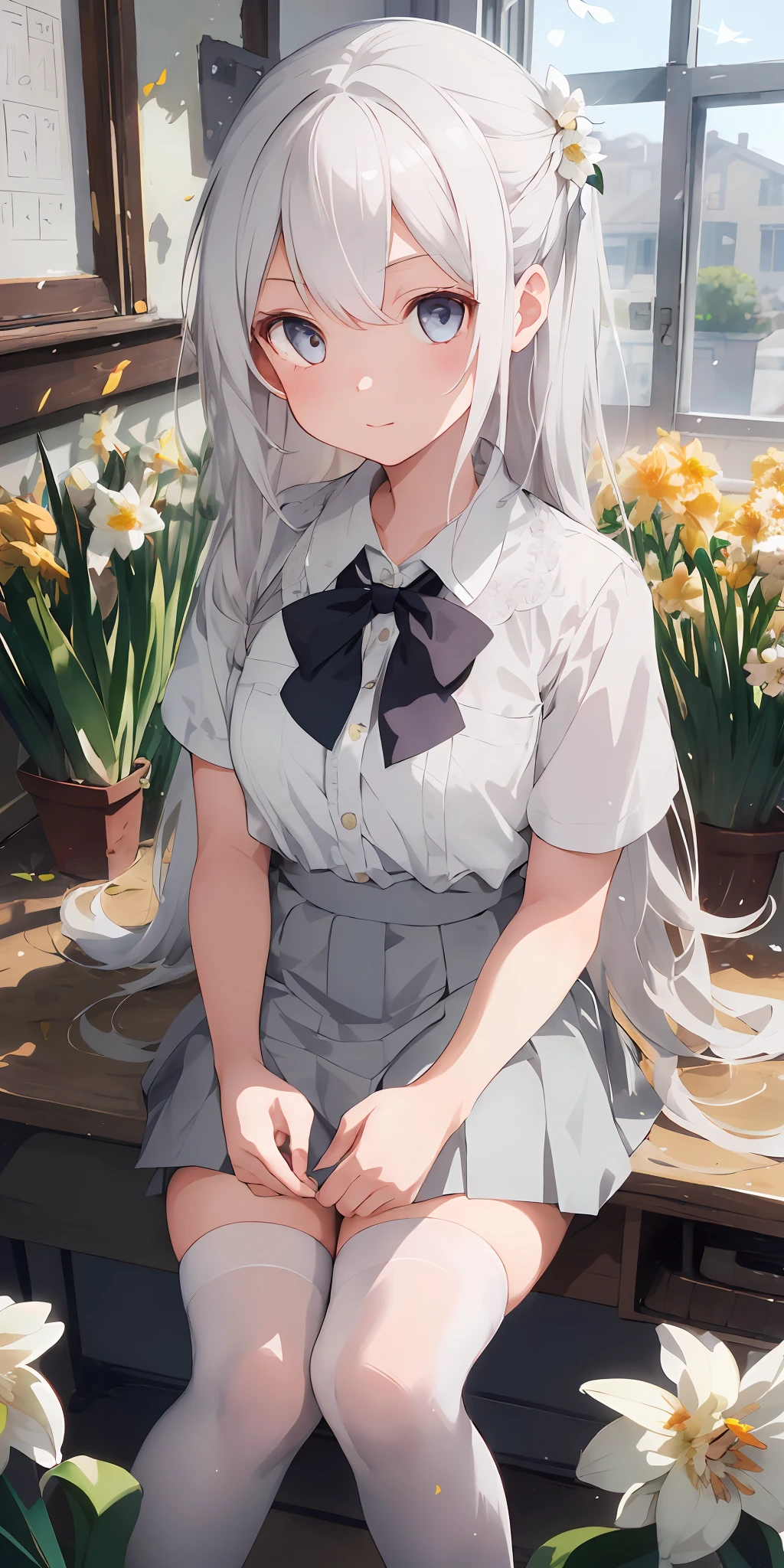 1girl, beautiful detailed eyes, long white hair, light grey eyes, school uniform, high white stocking, lustrous skin, flower, daffodil, hyacinth, falling petals, , high contrast, ((masterpiece, best quality))