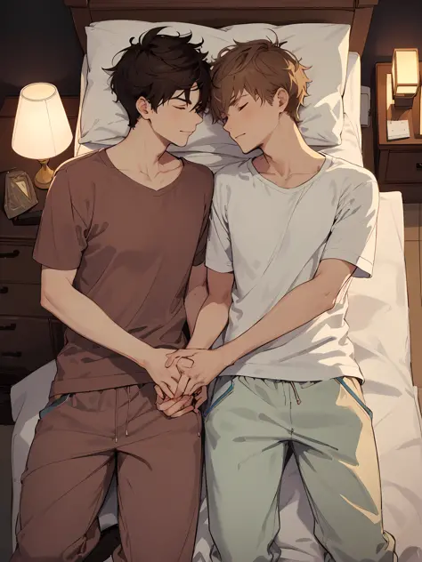 (Two men) ,Couples between men、30-years old, Mature, tall, Cool Mousse Brown Hair, Casual loungewear, Composition sleeping toget...