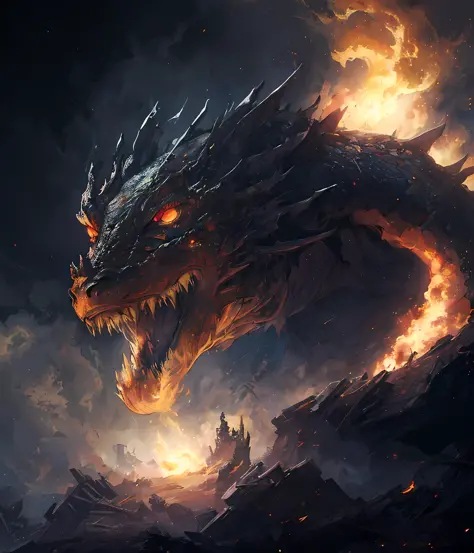The best picture quality, masterpiece, dark magic style, dark color, surrounded by smoke, the magic dragon soars in the sky, sprays fireballs, the fireballs blow up the earth, the world is in ruins, the dragon soars in the sky, showing its supreme power.