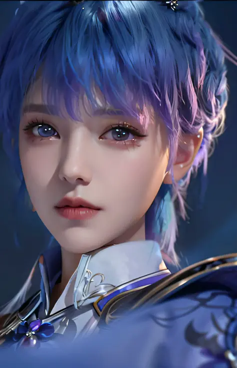 Close up of a woman with blue hair and purple shirt, Superb beauty，（（short detailed hair）），Portrait Chevaliers du Zodiaque Fille, zhongli from genshin impact, Keqing from Genshin Impact, Yun Ling, inspired by Leng Mei, Beautiful character painting, uma lin...