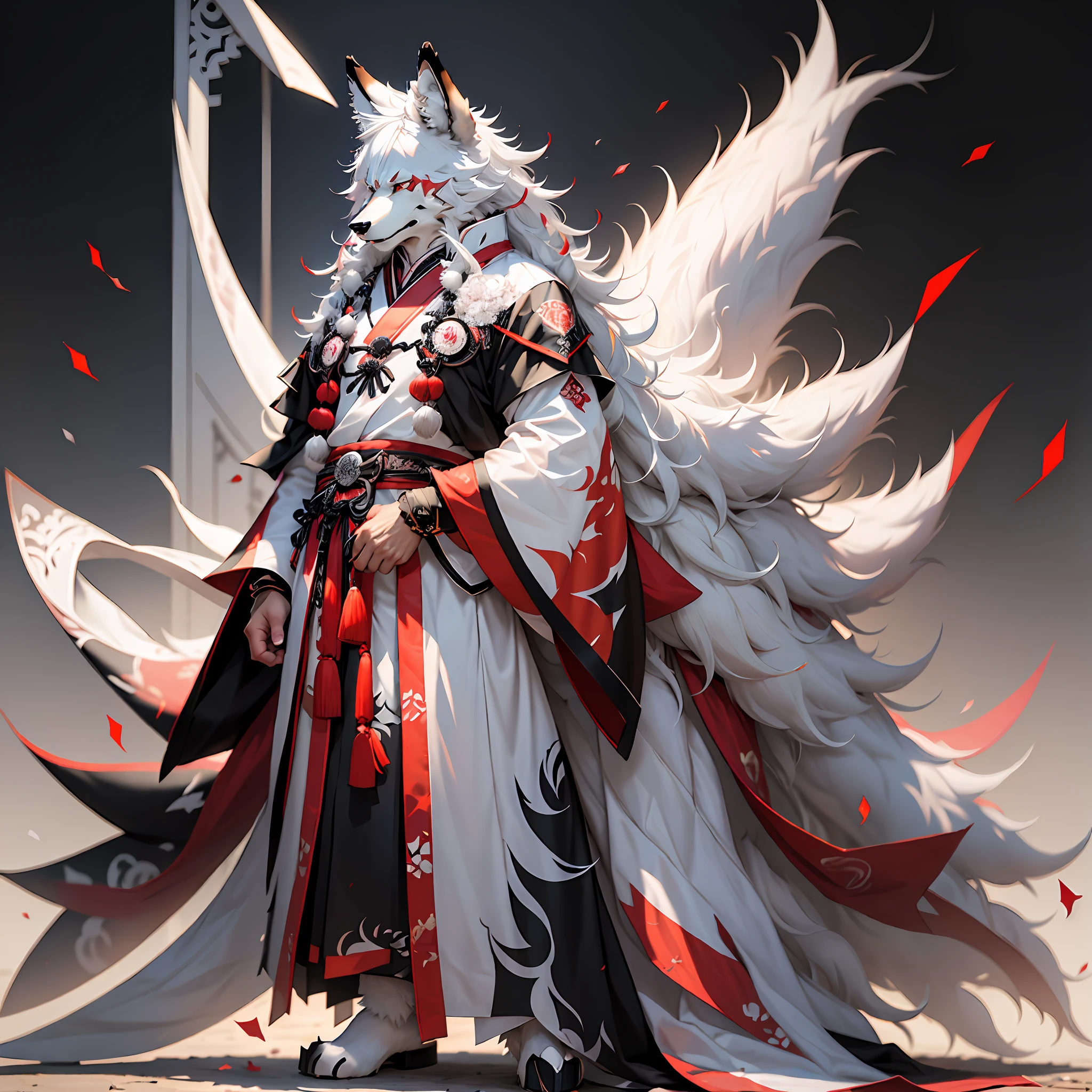 Single full-length portrait，Wolf head，Robust anthropomorphic male wolf，Anime comic style，Furry art!!!, furry character portrait, coyote, Furry anime, anthro wolf face，The anthropomorphic male wolf stands on two legs，White hair，Anthropomorphic male wolf，Headband decorated with red gemstones，Black and white hair coloring，White hair covering the whole body，Qin dynasty costumes，Hanfu with red pattern on the black base，A large white tail，Hands covered with white hair and claws，Red headband，Hair is black and white，