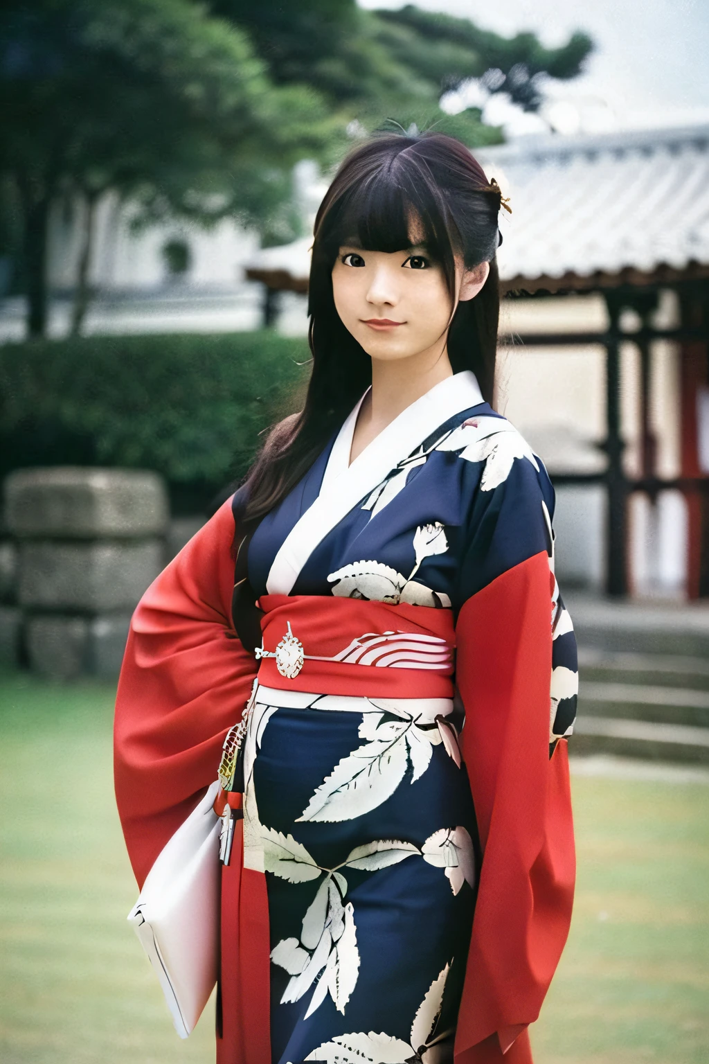 Photos of beautiful Japan idol women, Summer, Film grain, Ilford HP5, 80mm、Ruins、Gunkanjima、Kimono、Japanese dress、Red kimono、full body Esbian