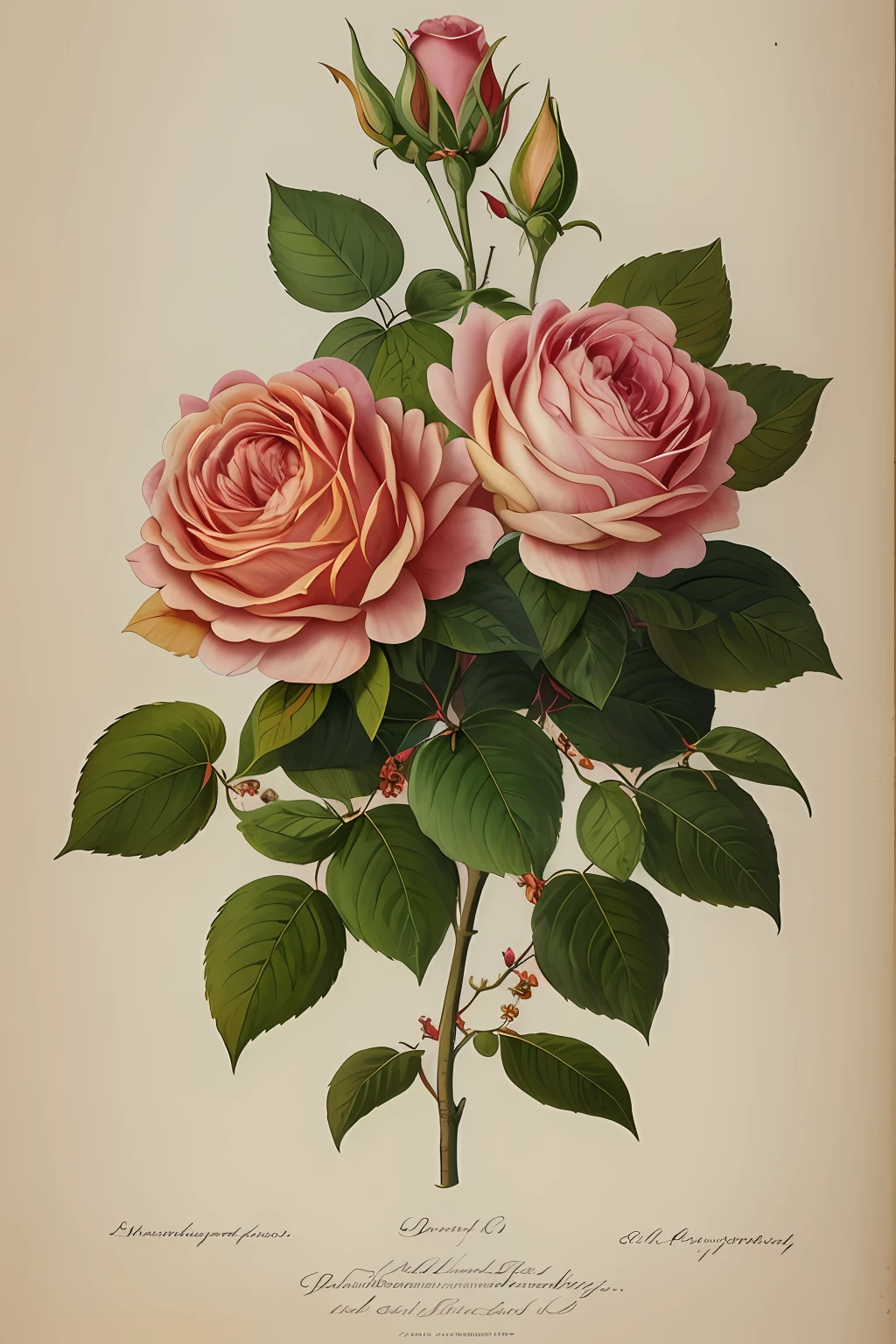 (最高品質:1.2), (詳細:1.2), (傑作:1.2), ラージプロヴァンスローズのヴィンテージ植物イラスト (1770 1775) 高解像度のジョン・エドワーズ