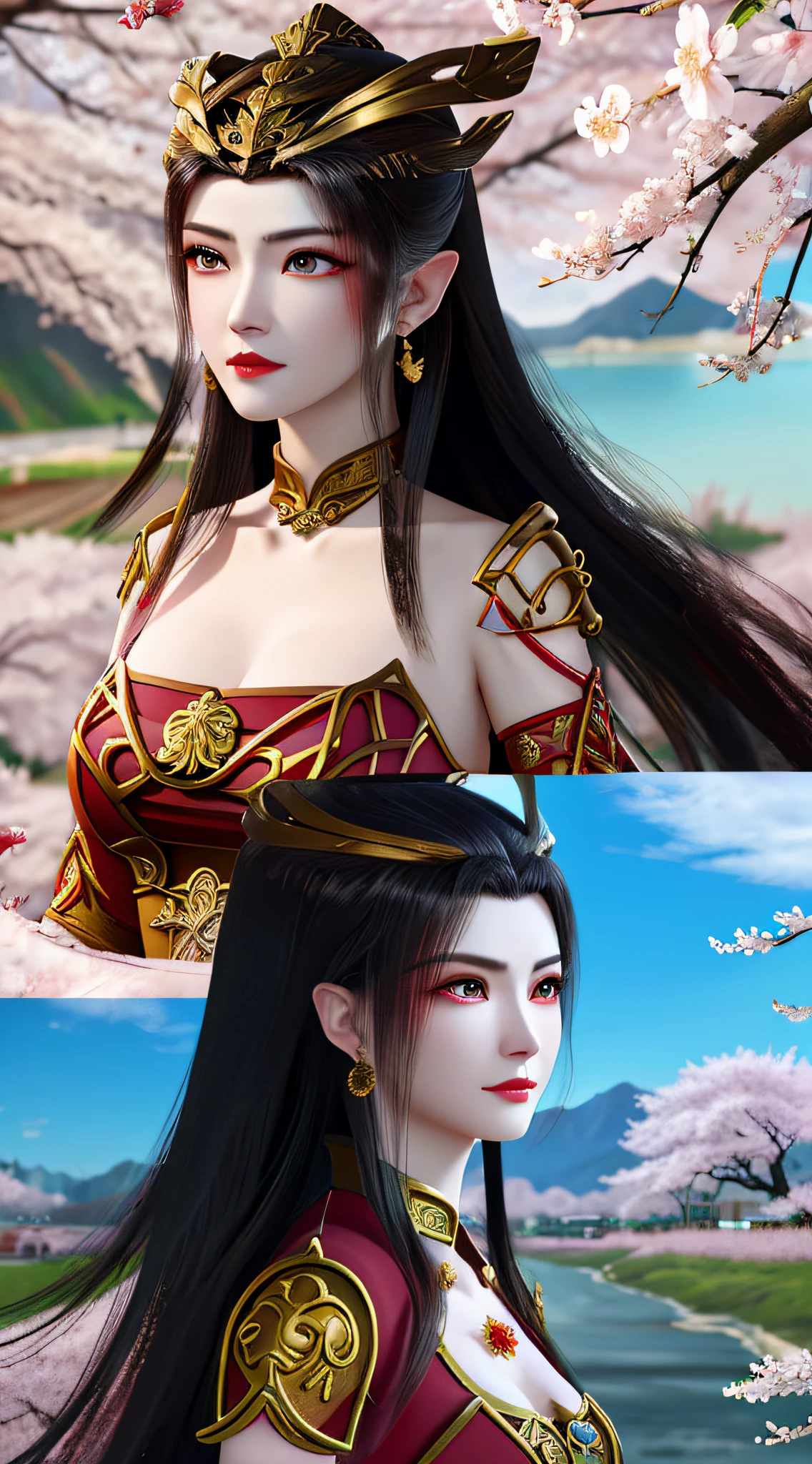 1 beautiful girl, Close-up of a woman in a red dress，Gold accents, Crimson eyes and clean makeup, Inspired by Lan Ying, inspired by Ju Lian, Ruan Jia and Artgerm, A beautiful fantasy queen, inspired by Du Qiong, Detailed artistic germ, Artgerm and Ruan Jia, inspired by Wu Li, ne zha from smite, Xianxia, by Yang J, Large, regular breasts, Waist slim, Medium size ass, highest quality image, Highest resolution, 8K quality, Full body photo, ((Background view of cherry blossoms falling into the river 1.8)), Super realistic, Real life, Super detailed,