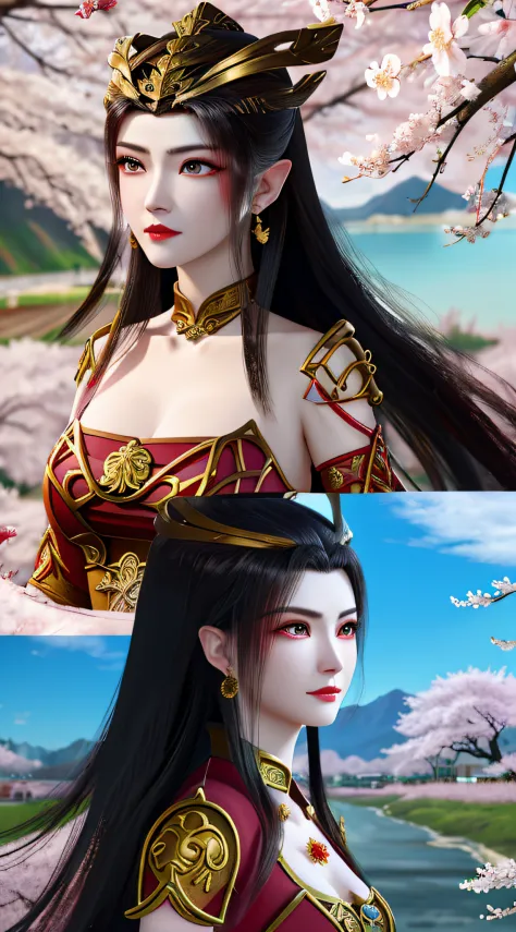 1 beautiful girl, close-up of a woman in a red dress，gold accents, crimson eyes and clean makeup, inspired by lan ying, inspired...