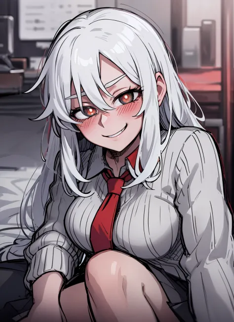 portrait, white long hair, red pupils, love in eyes, blushing, cute, smug, smile, rolling eyes, gray sweater, red necktie, short...