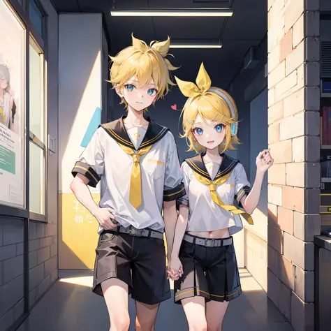 best quality, ultra precision, only two person, one boy and one girl, (a boy is Kagamine_Len), (a girl is Kagamine_Rin), blue ey...