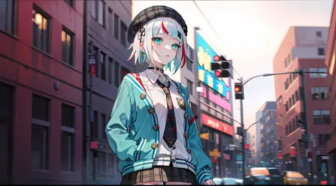 best quality, masterpiece, 1girl, solo,  red gradient streaked hair, short hair, white hair, lily (wacca), black beret, plaid skirt, choker, cyan sweater jacket, collared shirt, black plaid necktie, sleeves past fingers, blunt bangs
