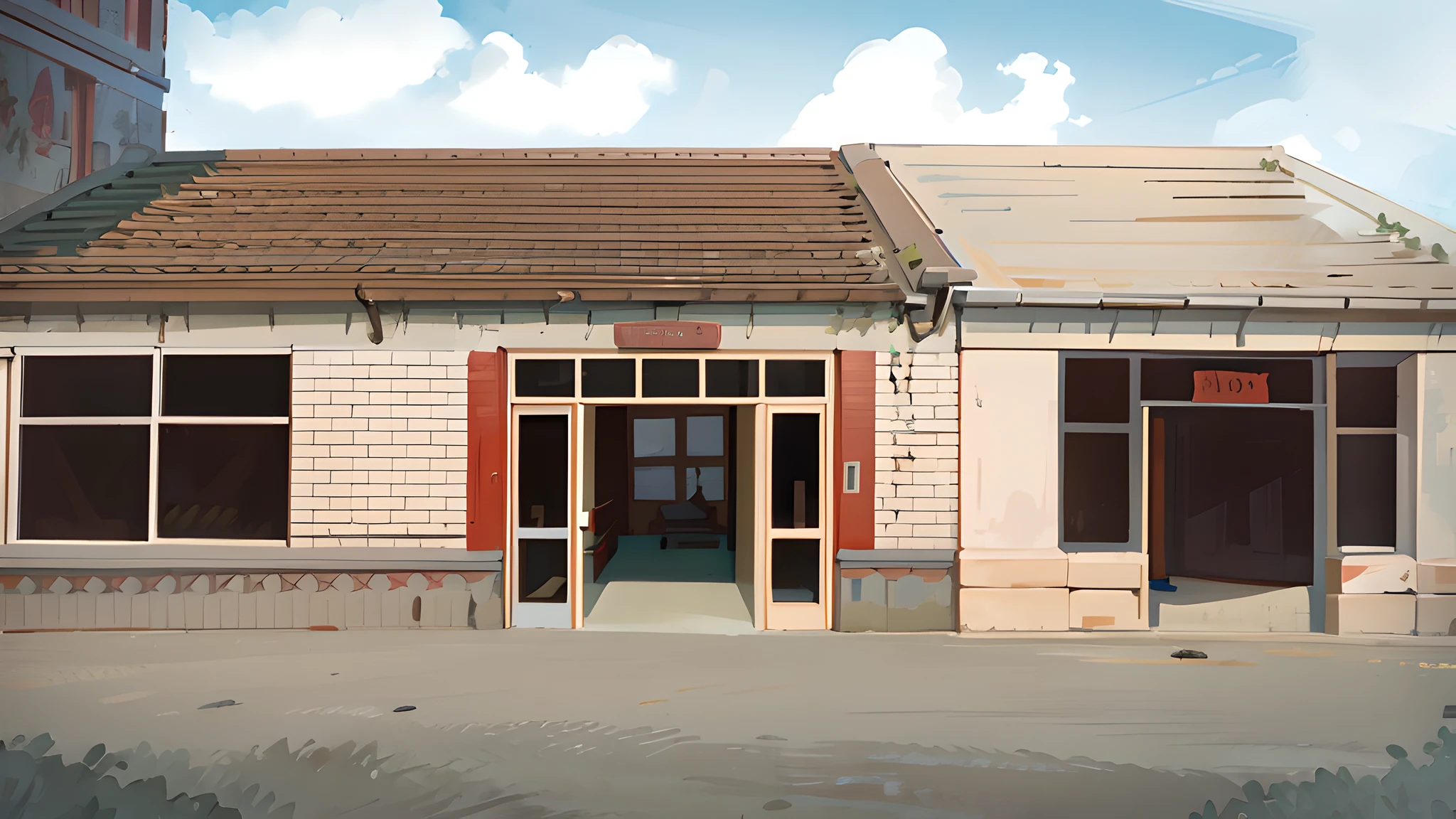 tmasterpiece，extremly high detail，There is a picture of a building with a red door, artwork of a building, made with anime painter studio, inspired by Tōshi Yoshida, shop front, drawn in anime painter studio, [[empty warehouse]] Background, shop front, arte de fundo, Anime background art, old shops, digital painted, in style of cory loftis, digital painted，There is an electric tower on the right