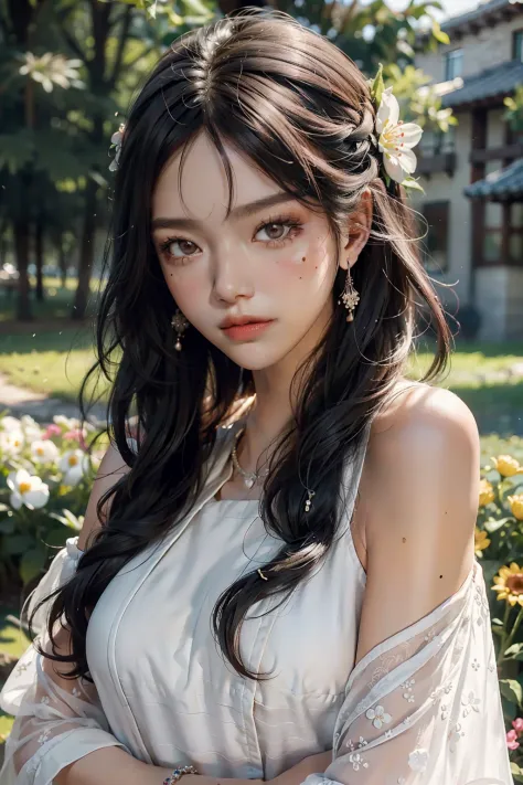 best qualtiy，tmasterpiece，超高分辨率，（真实感：1.4），RAW photogr，1girll，white dresses，cropped shoulders，blooming flower field，Glowing skin，Light smile，Black hair, Wavy hair, Very long hair, jewelry, Moles under eyes, Blush, hyper HD, Masterpiece, Anatomically correct...