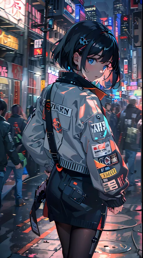 1girl, solo, from behind, walking,short hair, jacket, city, long sleeves, black hair, facing come back,looking back, arms at sides, blurry background, depth of field, neon lights, building, city lights, outdoors, feet out of frame, night