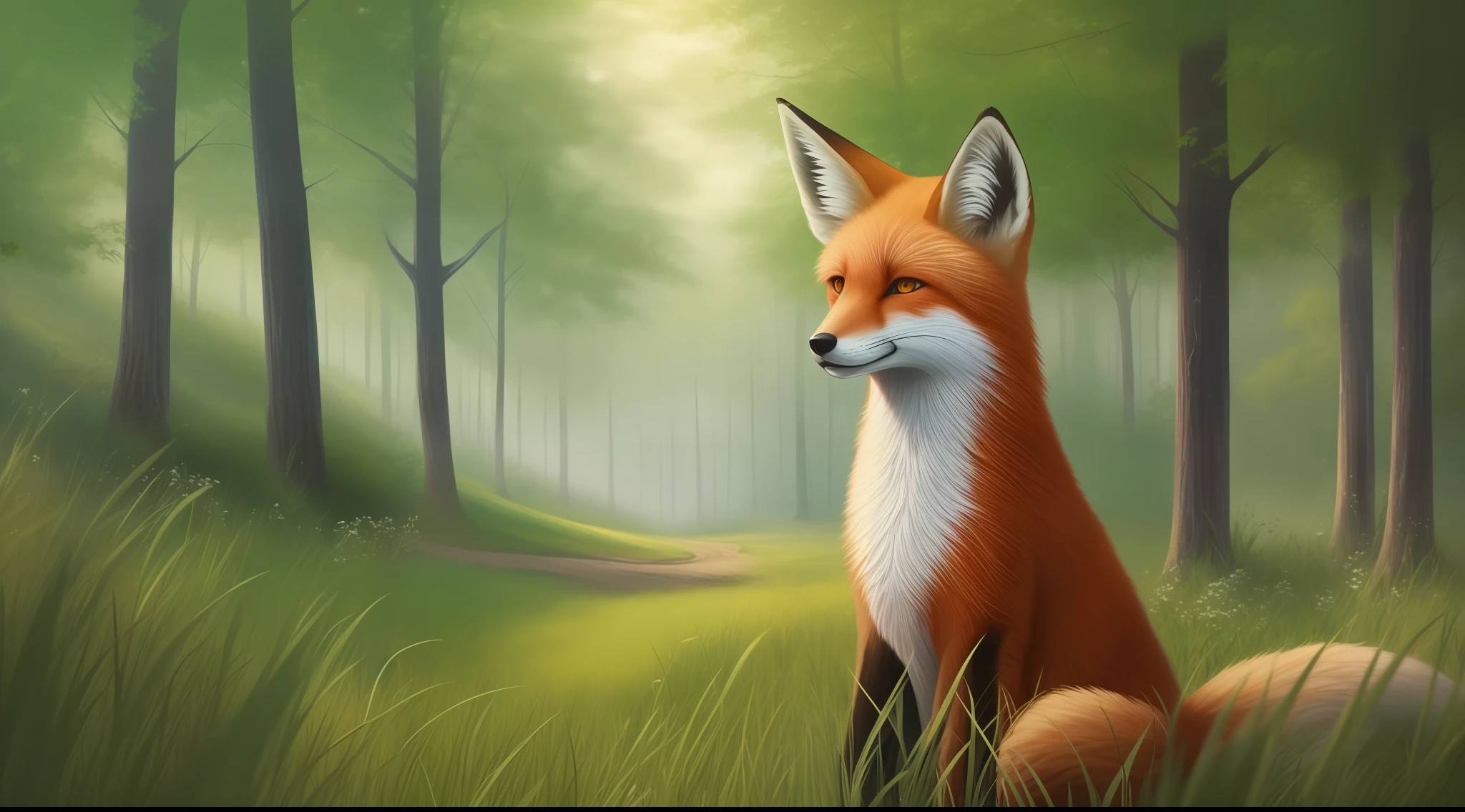 tmasterpiece，High Picture Quality，Science fiction style，Realistic painting style，Scenery dominant，grass field、ln the forest，A fox in a cultivated field。