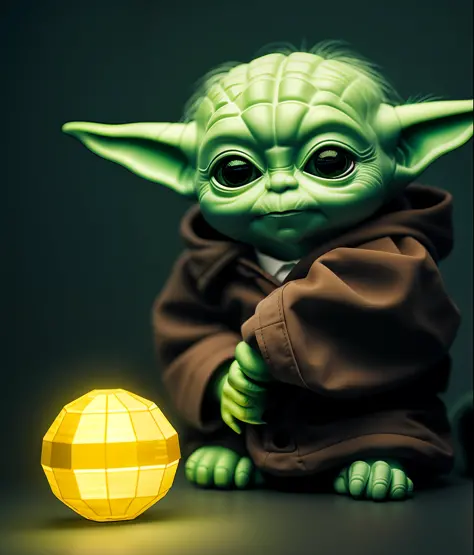 Baby Yoda sitting in the dark with a single spotlight on him, com um colar de bitcoin, (luz SEMI-SILHUETA: 1.1), (raytracing: 1....