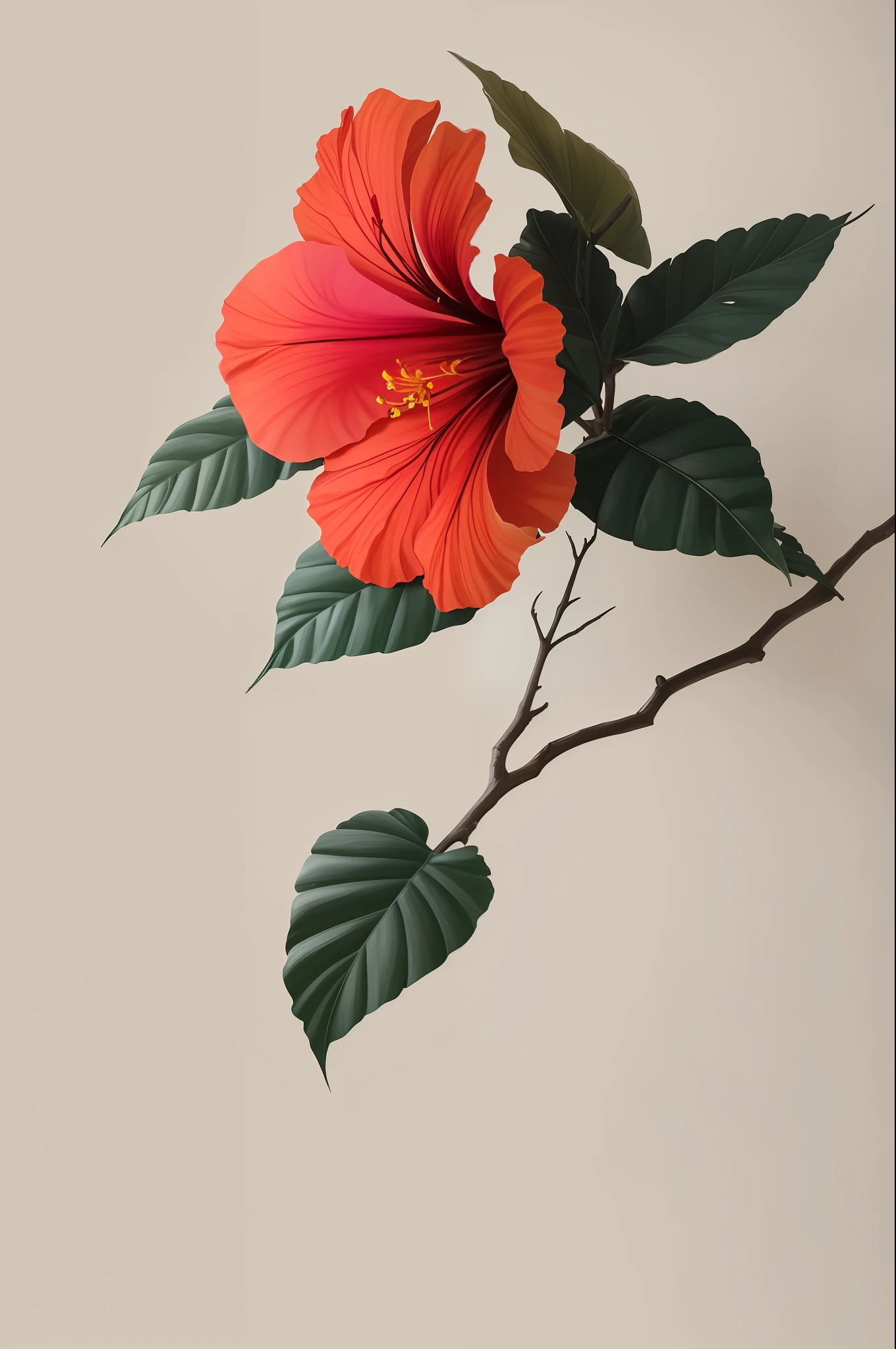 Hibiskusblüte blüht auf einem knorrigen Ast vor grauem Hintergrund, Einfacher Hintergrund, im Stil von Hellorange und Hellbeige, minimalist images, Fotografie-Installationen, Paläocore, grün und purpur, Hyperrealistisch, poetische Intimität