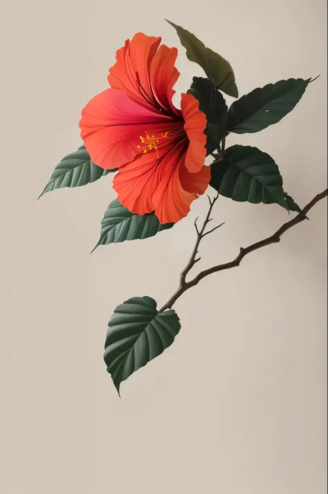 hibiscus flower blooming on a gnarled branch against a grey background, simple background, in the style of light orange and ligh...