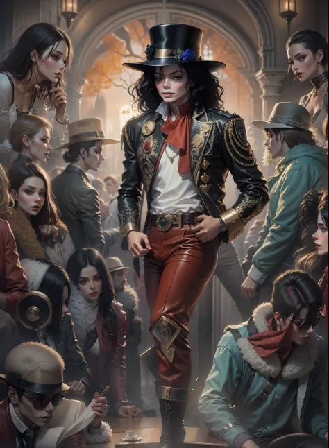 Pintado por Anne Stokes,(Michael Jackson, detalhado),(fantasia, oniric, surrealismo),(atras zumbis ao seu redor),(trending on Ar...