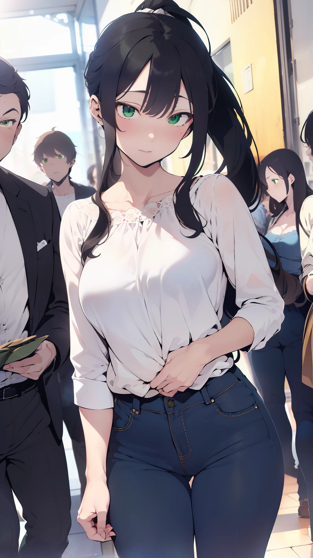 (((one woman,long hair,ponytail,bang,slender face,sharp eyes,green eyes,detailed eyes,small breast,white blouse,navy jeans))),sexy pose,masterpiece,extremely high quality,extremely fine and beautiful,hyper detail,dynamic resolution,sharp focus,anime style,crowd,watching the viewer