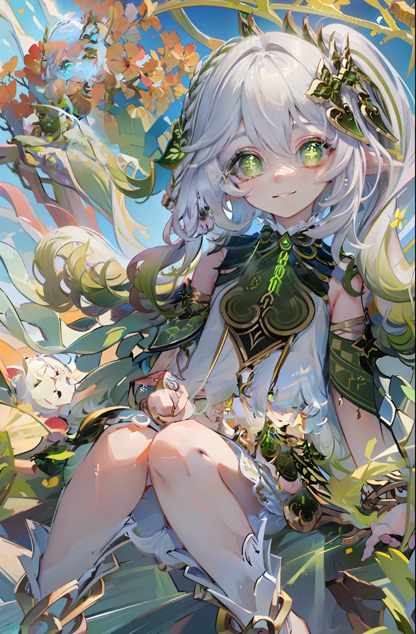 nahidadef, sumeru, masterpiece, best quality, highres, ultra detailed, high saturation, super detailed, short female, 4k, 8k, 1girl, childish, solo, close, full body, realistic lighting, high saturation, bright theme, bright colorful, white hair, gradient hair, green tips, ponytail, delicate beautiful face, no lips, cheerful smile, closed mouth, pure green eyes, clover-shaped pupils, detailed eyes, eye highlights, cheerful, default outfit, medium-length sleeveless dress, short detached green sleeves, green cape, large bracelet, single large golden bracelet in the right hand, sky, sunrise, trees, forests, sitting, flowers, one hand up.