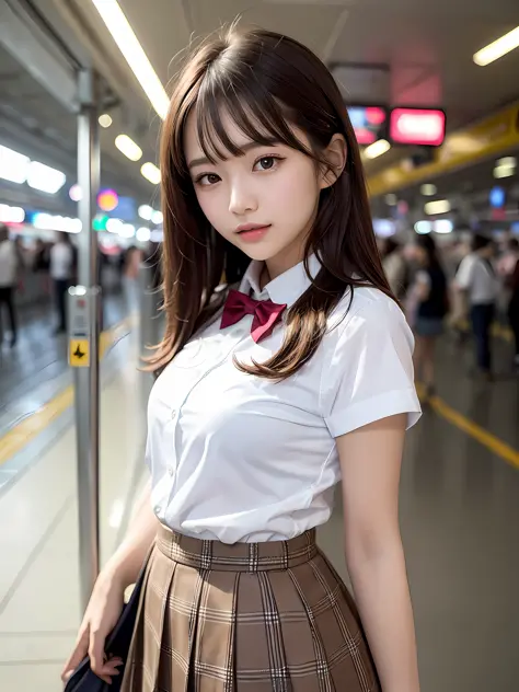 masterpiece, 1girl in 1photo, cowboy shot, front view, a young pretty girl in Japan, 18 years old, waiting a train on a platform in a crowded station, a big smile, glamorous figure, wearing a short sleeve shiny satin white shirt with white collar, a shiny ...
