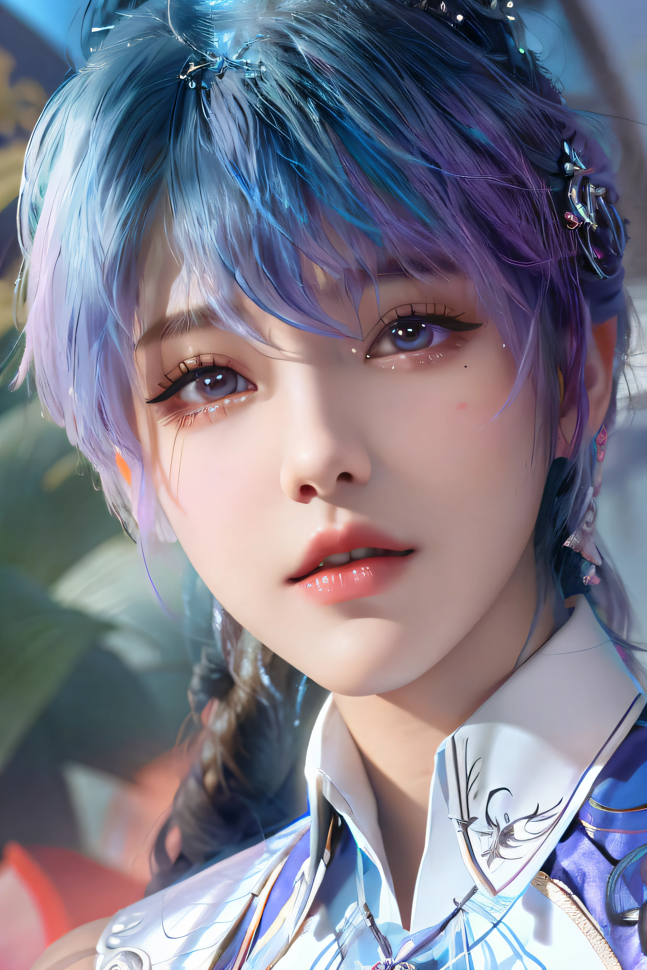 Close up of a woman with blue hair and purple shirt, Superb beauty，（（short detailed hair）），Portrait Chevaliers du Zodiaque Fille, zhongli from genshin impact, Keqing from Genshin Impact, Yun Ling, inspired by Leng Mei, Beautiful character painting, uma linda princesa， Exquisite princess, portrait of a female mage, Rendu portrait 8k