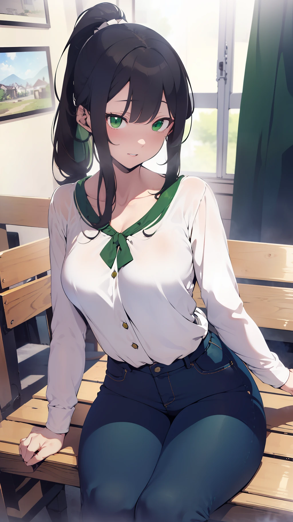 (((one woman,long hair,ponytail,bangs,slender face,sharp eyes,green eyes,detailed eyes,small breast,white blouse,navy jeans))),sitting on thebench,masterpiece,extremely high quality,extremely fine and beautiful,hyper detail,dynamic resolution,sharp focus,anime style,crowd,watching the viewer