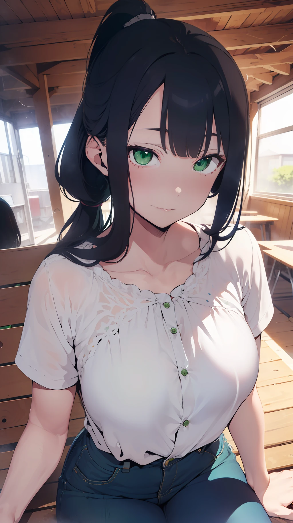 (((one woman,long hair,ponytail,bangs,slender face,sharp eyes,green eyes,detailed eyes,small breast,white blouse,navy jeans))),sitting on thebench,masterpiece,extremely high quality,extremely fine and beautiful,hyper detail,dynamic resolution,sharp focus,anime style,crowd,watching the viewer