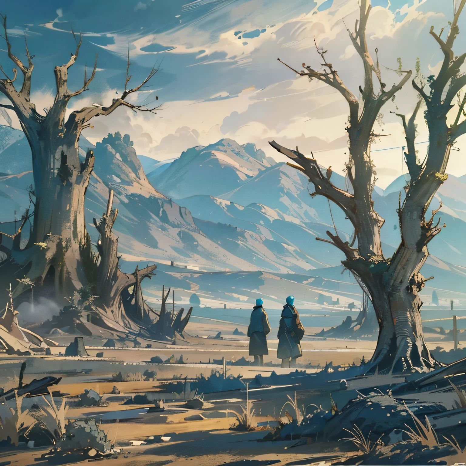 Ancient times Desolate landscapes Dry trees Blue sky Dry weeds Desolate mountains in the distance Background of wild men Atmospheric scenes Magnificent atmosphere of antiquity Science fiction style