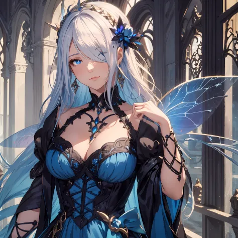 masterpiece, best quality, 1woman, adult, female focus, solo, bluish white hair, long hair, eye covering bangs, one eye covered by hair, vibrant blue eyes, looking at viewer, closed mouth, Fantasy aesthetics, Highly detailed, shadowverse style, fairy dress...