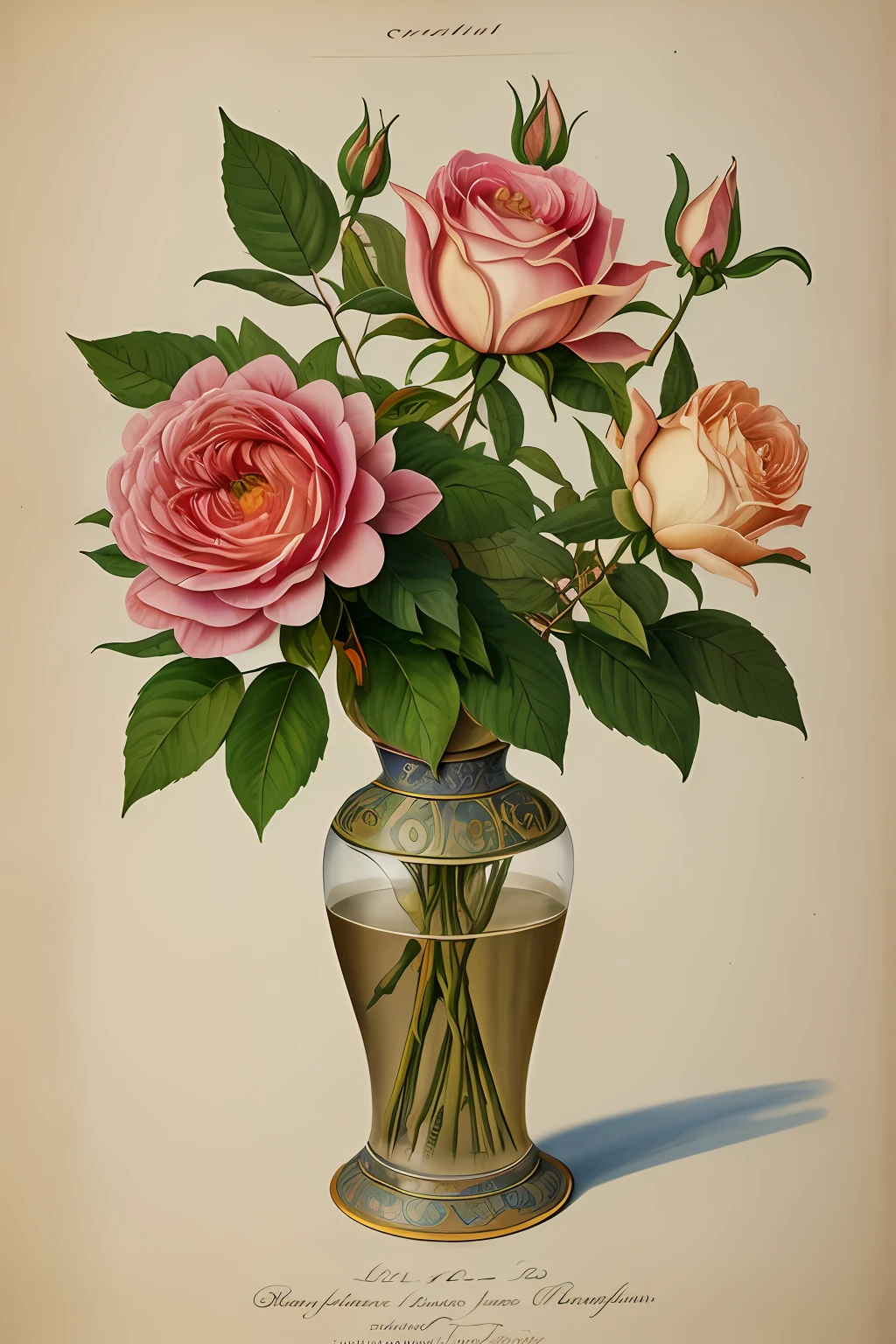 (mejor calidad:1.2), (detallado:1.2), (obra maestra:1.2), ilustraciones botánicas antiguas de la rosa provenzal más grande (1770 1775) en alta resolución por John Edwards