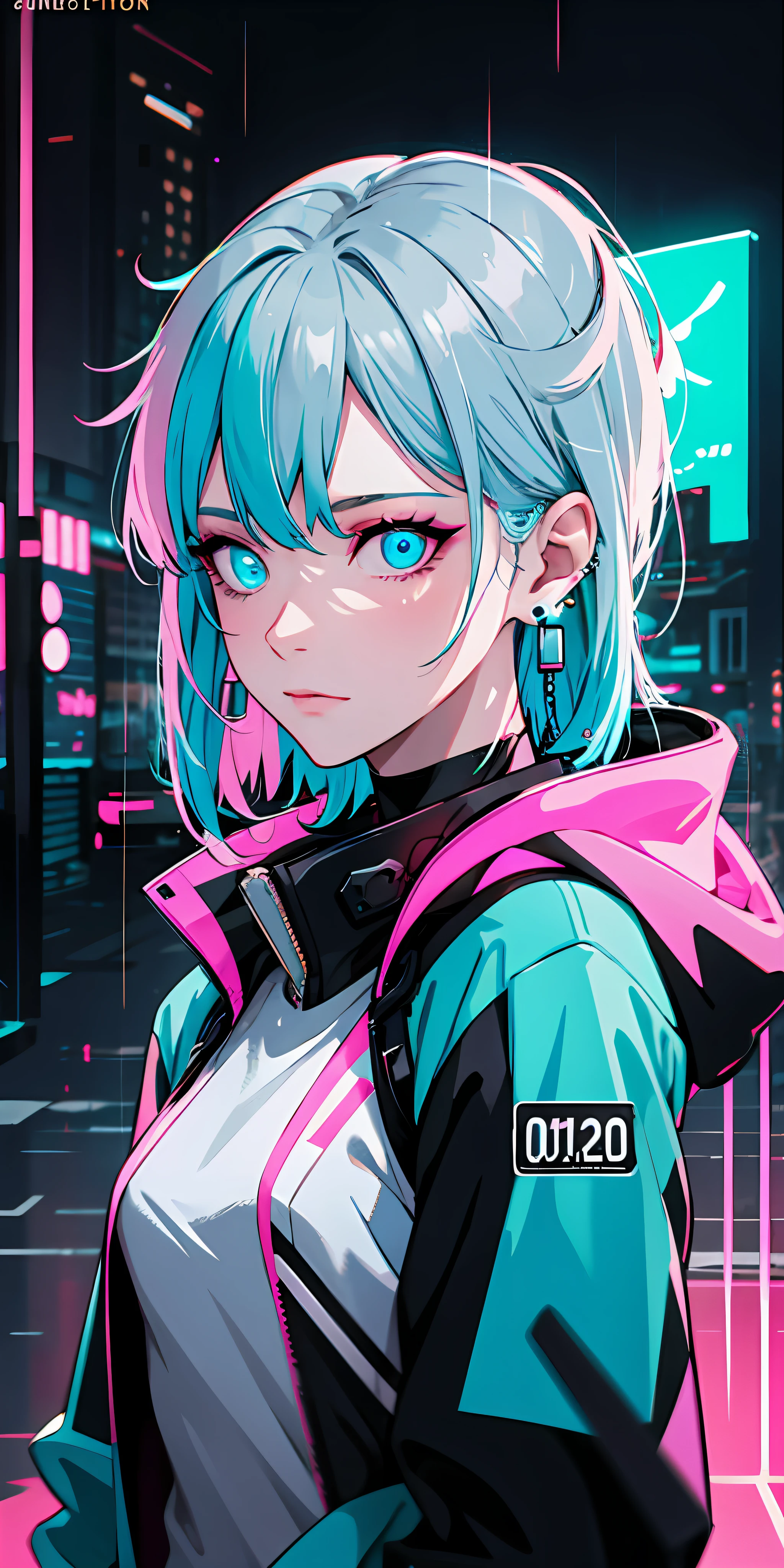 (masterpiece, best quality, night, silver hair:1.4), (cowboy shot:1.8), 8k, absurdres, beautiful girl, (wearable computer:1.6), cyberpunk, cyber goth, (cyberpunkoutfit, fluorescence pink accent, glowing pink lines on short jacket:1.4), neon, bracelets and choker, (glowing, glow, film grain, chromatic aberration:2), (asian shopping district, street, buildings, skyscraper:1.2), makeup, very small mechanical device, (cyan earrings:1.3), sharp focus, dark background, perspective, depth of field, (rain, fog, bleach bypass, HDR, facelight, sharp focus, dynamic lighting, cinematic lighting, professional shadow, extreme detailed, finely detail, real skin:0.8), (detailed eyes, sharp pupils, realistic pupils, dark back ground:0.6), (glitch effect:0.6), magazine cover