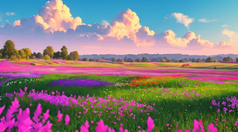 image of a sunny one-day landscape, just the landscape with flowers, flowery field, no people, no animals, vibrant childish, art...