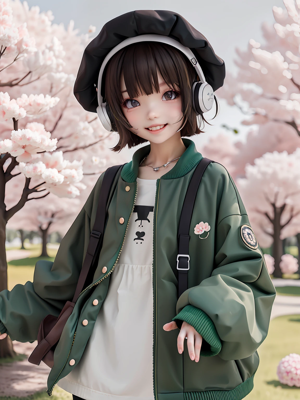 (masterpiece),(best quality),(ultra-detailed), (full body:1.2), 1girl,chibi,cute, smile, open mouth, flower, outdoors, playing guitar, music, beret, holding guitar, jacket, blush, tree, :3, shirt, short hair, cherry blossoms, green headwear, blurry, brown hair, blush stickers, long sleeves, bangs, headphones, black hair, pink flower, (beautiful detailed face), (beautiful detailed eyes),