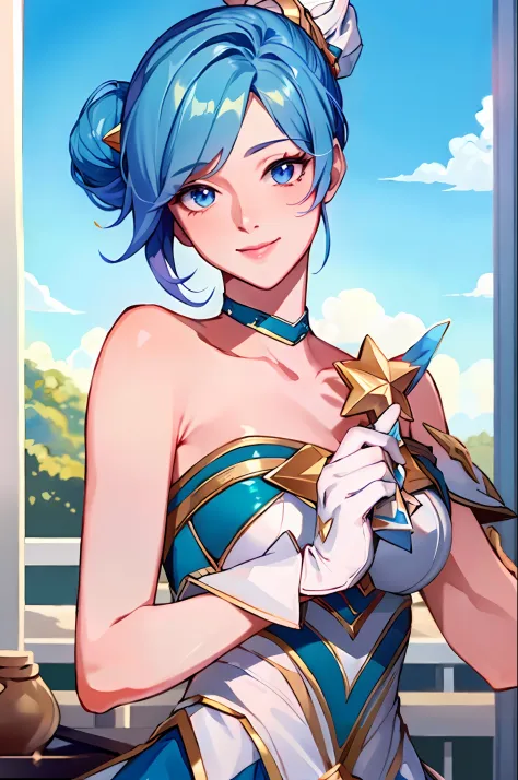 (Masterpiece:1.4), (best quality:1.2), star guardian orianna, blue hair, hair bun, ballerina, short dress, white gloves, smile, ...