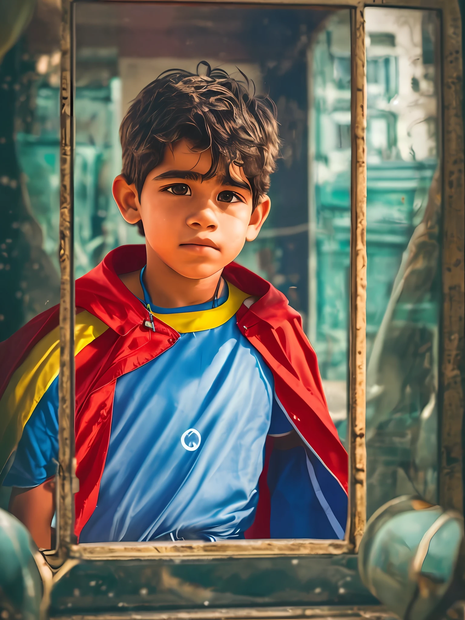 portrait of an young brazilian boy leaning againg a city of destroyer, clear facial features, cinematic, 35mm lens, f/1.8, accent lighting, global ilumination, blue shirt with red stripes. blue cape. ooking in the mirror --auto --s2