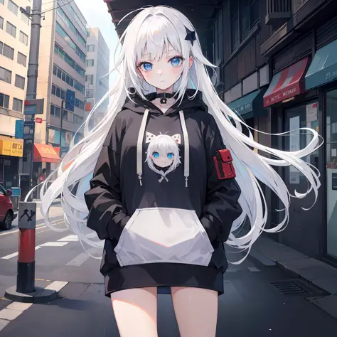 1girll, Small breasts,stitched face, patchwork skin, Closed mouth, Long_Hair, A cold face,City,street, White hair, ,stitched_face,Patchwork_skin,Cowboy shot,( Hoodie),(Hand in pocket),Wear a sweatshirt underneath