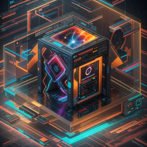 Awesome Artificial Intelligence Next Generation Raytraced 3D Octane Render "ALLUXION" Isometric Logo, Cosmic Web Developer Galactic Graphic Artist PsyTrance Producer & DJ, Energetic Radiant Vibrant, Rich Saturated Colors framed in an isometric frame, black...