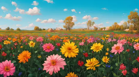 image of a sunny one-day landscape, just the landscape with flowers, flowery field, no people, no animals, vibrant childish, art...