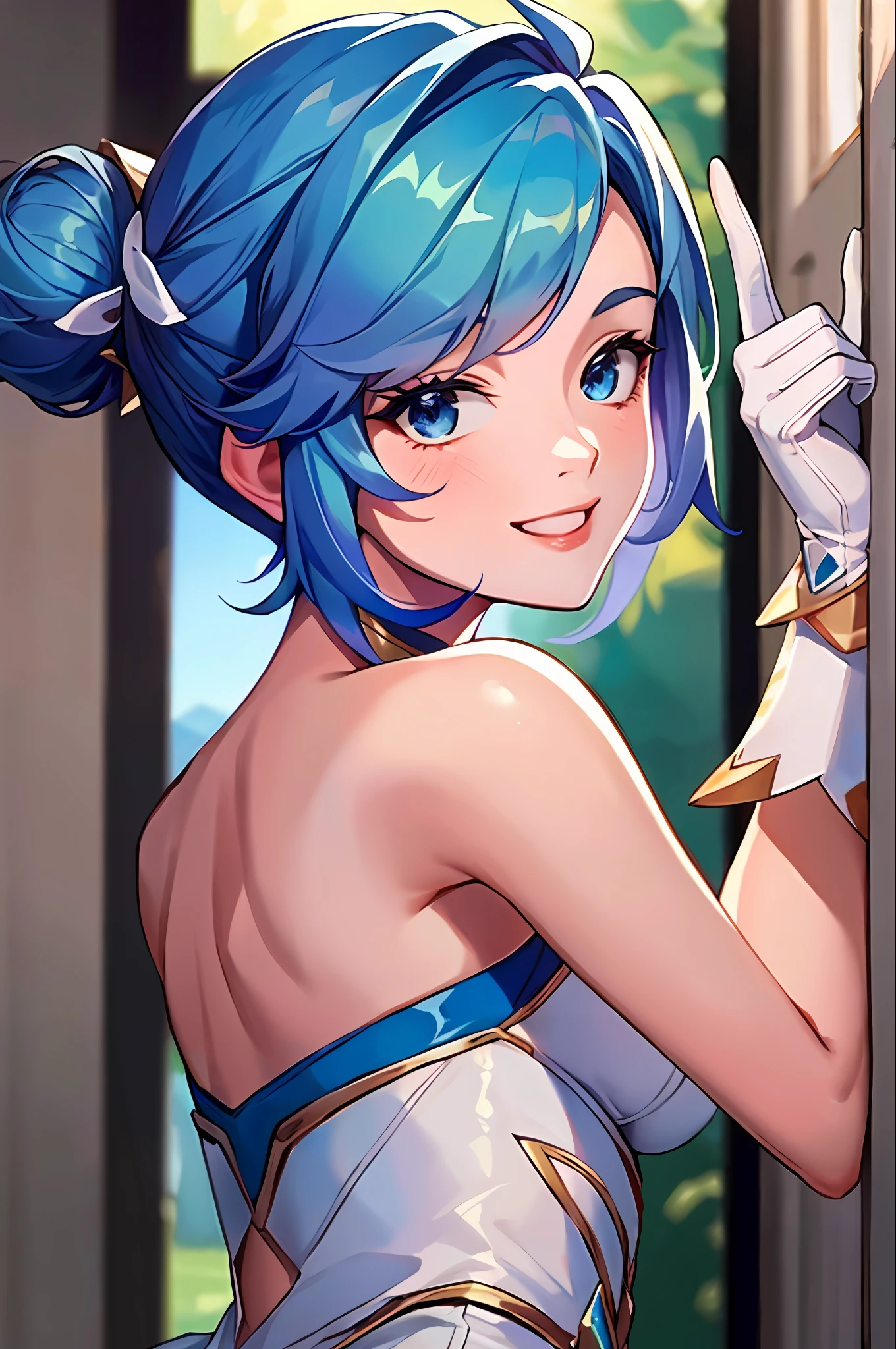 (obra maestra:1.4), (mejor calidad:1.2), star guardian orianna, pelo azul, Moño, bailarina, vestido corto, guantes blancos, sonrisa, Parte superior del cuerpo, retrato