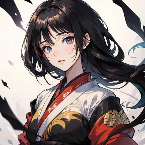 Warring States period, female general, very beautiful face, high dynamic angle, 8K, very delicate, very dense, vivid color, dynamic wallpaper Japan kimono and Chinese Hanfu MIX, beautiful black hair, --auto
