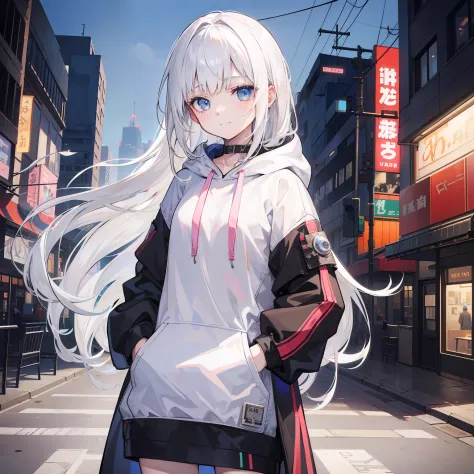 1girll, Small breasts,stitched face, patchwork skin, Closed mouth, Long_Hair, Light smile,City,street, White hair, ,stitched_face,Patchwork_skin,Cowboy shot,( Hoodie),(Hand in pocket),Open coat