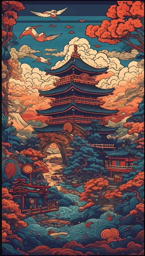a poster of a pagoda in the middle of a forest, japanese art style, japanese inspired poster, studio ghibli and dan mumford, japan poster, eastern art style, kyoto inspired, inspired by Torii Kiyomasu, inspired by Yoshida Hanbei, inspired by Torii Kiyomits...
