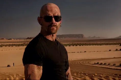 arafed man with sunglasses and a black shirt standing in a desert, inspired by Daryush Shokof, dominic toretto, kane from comman...