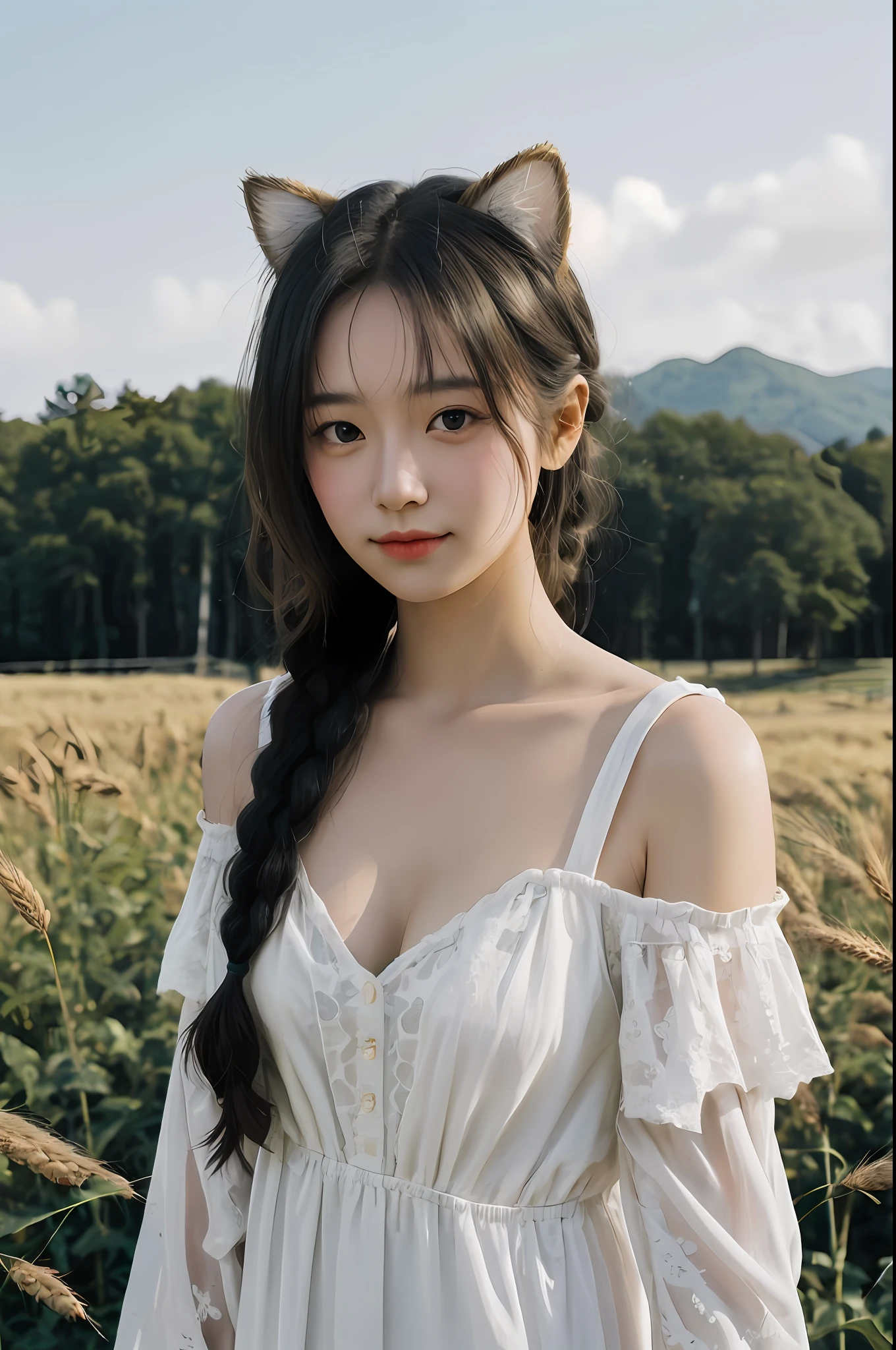 young 1girl with braided hair and fluffy cat ears, dressed in Off-Shoulder Sundress, standing in a rustic farm setting. She has a soft, gentle smile, expressive eyes and sexy cleavage. The background features a charming barn, fields of golden wheat, and a clear blue sky. The composition should be bathed in the warm, golden hour light, with a gentle depth of field and soft bokeh to accentuate the pastoral serenity. Capture the image as if it were taken on an old-school 35mm film for added charm, looking at viewer,