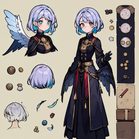 Colored hair, Girl, different pupil, Colorful wings, Wear a colored coin at the waist with white wings，There are colored feathers at the end and ripe lacrimal moles，concept-art，concept art of character，Character sketches，reference sheet，Role table，（simpleb...