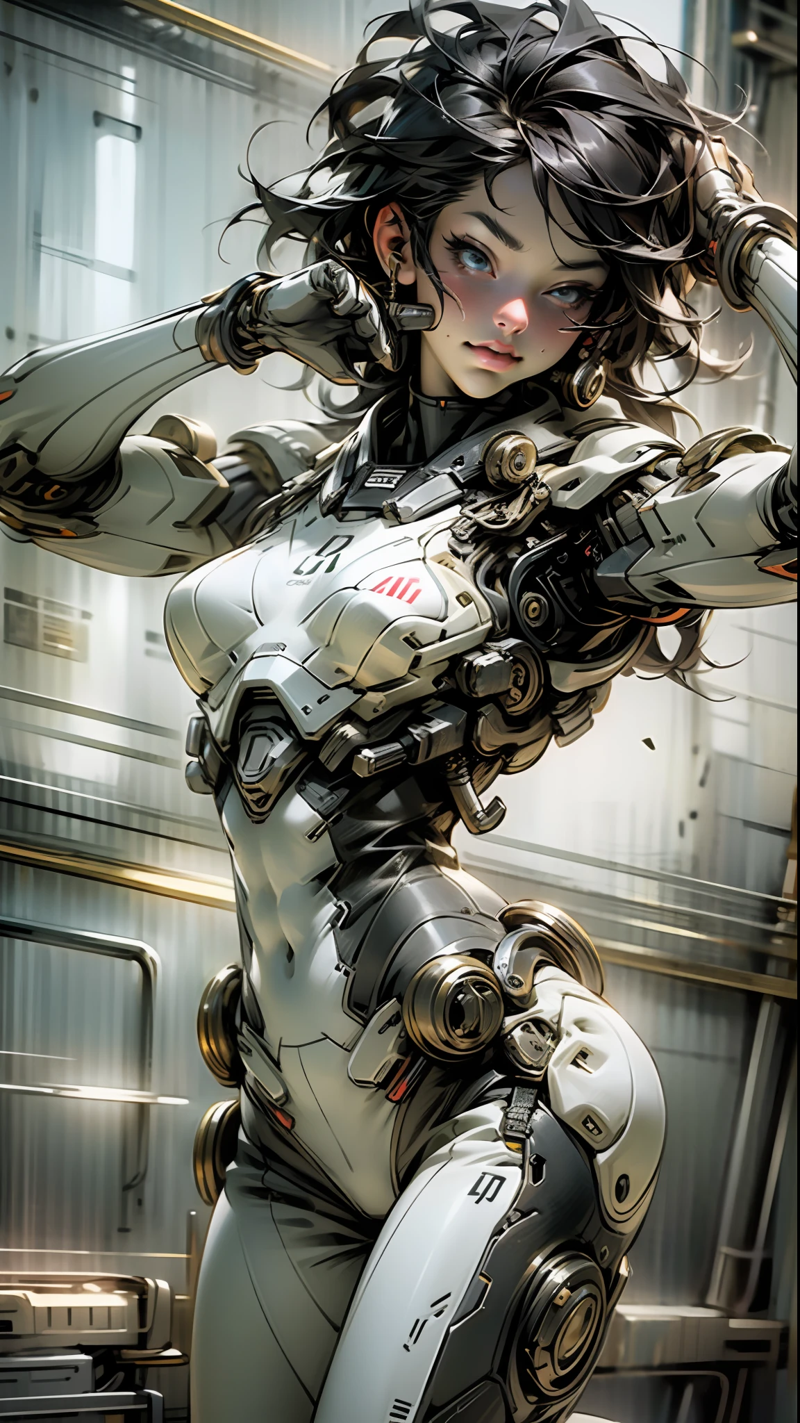 Beautiful cybernetic girl looking at camera in underwear detailed muscles realistic masterpieces dynamic poses
