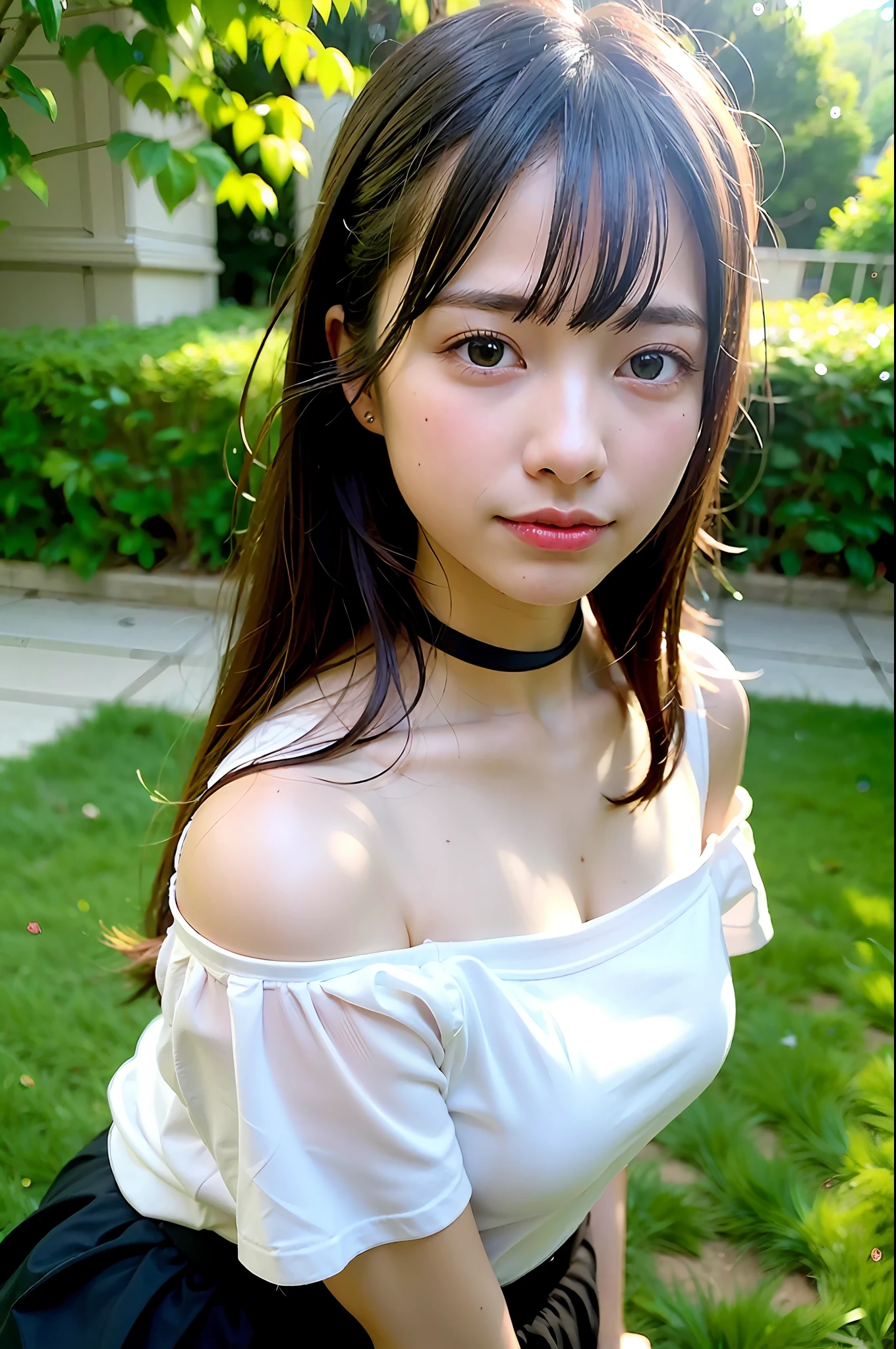 "(Photorealistic photography like:1.4)、top-quality、超A high resolution、Beautuful Women、Off-shoulder white shirt、Black tight skirt、a black choker、Faded gray hair、Posing、Soft light、beatiful backgrounds、elegance、a sense of mystery、+florals、[evening、Fantastic forest、The sound of the wind、leaves falling、grass field、Floating feeling]"
