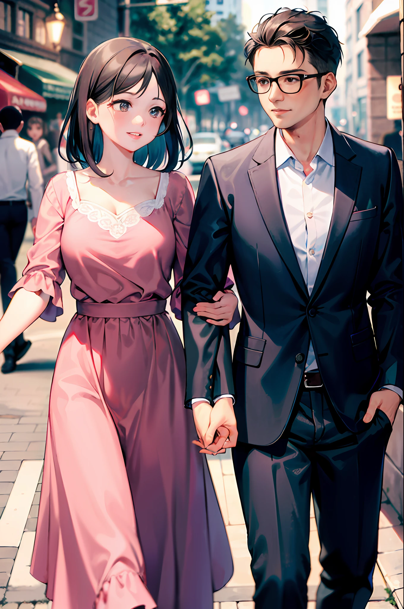 A middle-aged Asian man wearing a smart, soft pink shirt and classy grey trousers strolling hand in hand down the street with a young, stunning Asian woman dressed in a beautifully patterned pink floral dress. The pair exude elegance, style, and warmth, with their coordinated outfits adding an extra touch of sophistication to the scene. The urban backdrop, complete with vintage architecture and charming cobblestone streets, is subtly blurred, drawing the focus to the couple in the foreground. The style of the image is reminiscent of classic street photography, capturing the motion and spirit of life in an urban setting, with a timeless touch of nostalgia that permeates the entire scene. The details are crisp and vibrant, from the intricate patterns on the young woman's dress to the expression on the man's face, revealing an unspoken, tender narrative between the two